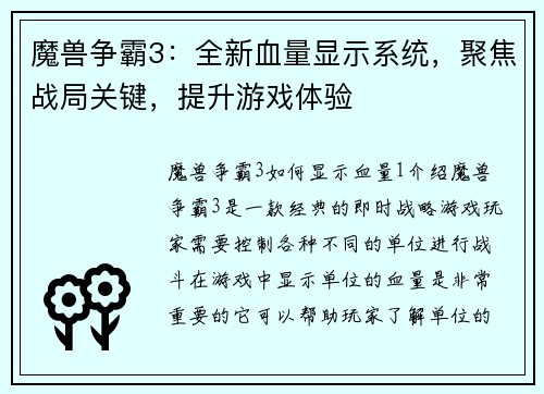 魔兽争霸3：全新血量显示系统，聚焦战局关键，提升游戏体验